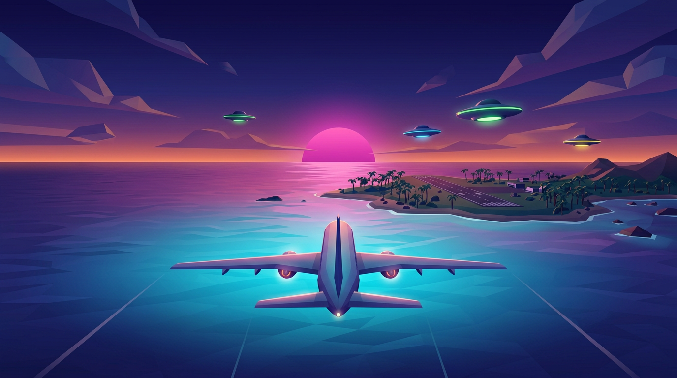 Avião comercial sobre o mar em direção a uma praia, com discos voadores no céu Synthwave