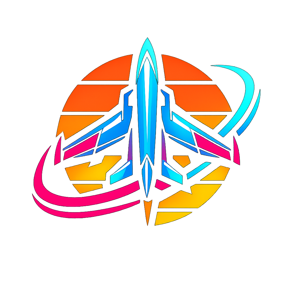 Emblema Neon Flight: avião com pôr do sol e órbita neon