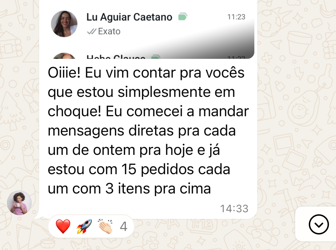 Mensagem da Letícia sobre 15 pedidos, cada um com 3 itens ou mais