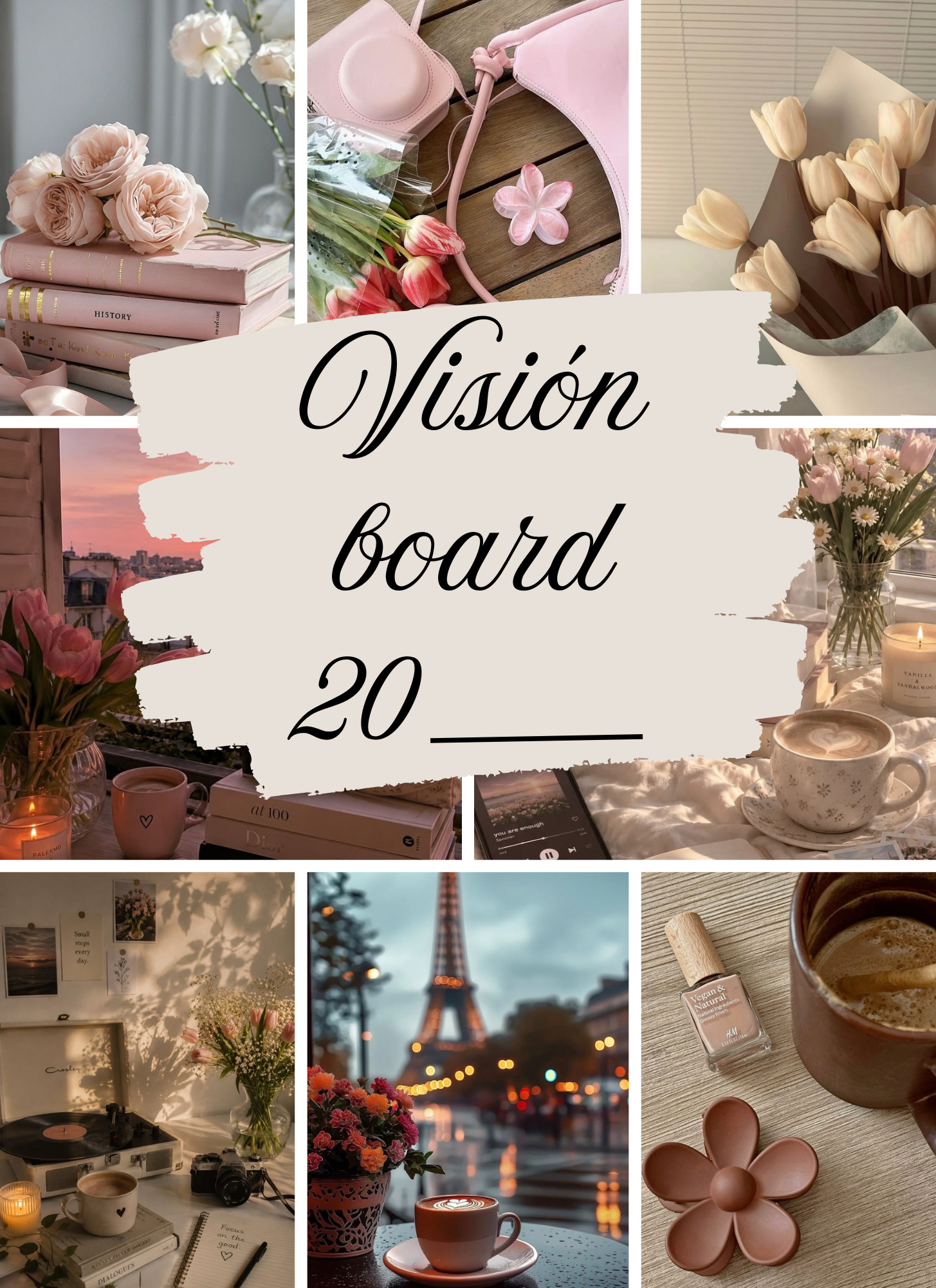 Plantilla de vision board con flores, café, libros y paisajes de París